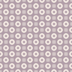Vector geometric seamless pattern in pastel colors, purple and beige. Abstract texture with small perforated circles and squares. Simple elegant background. Repeat design for decor, wrapping, cloth