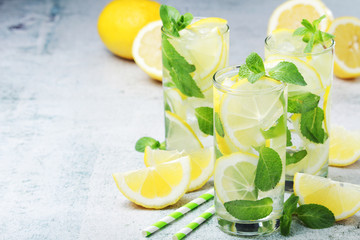 Lemon and mint refreshing cocktail with ice cubes