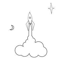 Cute rocket drawing in doodle style. Illustration on the theme of space exploration, the study of planets, the search for other galaxies.