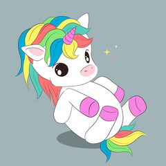 Vector illustration of cute baby unicorn for children design. Rainbow hair. Cute fantasy animal.