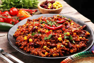 Hot chili con carne. mexican food tasty and spicy wit beans - obrazy, fototapety, plakaty