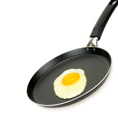 Fried egg in cast iron frying pan sprinkled isolated on white from above.