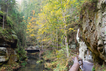 Gorges in Czech Switzerland on the Kamenice River, district Decin, Bohemia, Czech Republic.  The...