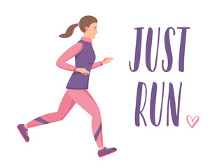 Fototapeta na wymiar Women jogging and training, just run lettering sign, flat vector illustration