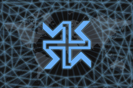 Slavic sign Dhata. Abstract illustration. With a dark background and a world map shrouded in a net. Graphic concept for your design.