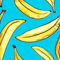 Ensemble dessiné à la main de modèle sans couture de bananes jaunes. Fruits tropicaux isolés sur fond blanc. Illustration aquarelle botanique alimentaire pour la conception ou l& 39 impression, étiquettes en tissu pour confiture, crème.