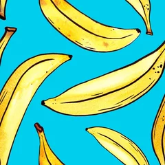 Tapeten Handgezeichnete Reihe von gelben Bananen nahtlose Muster. Tropische Früchte isoliert auf weißem Hintergrund. Lebensmittel botanische Aquarellillustration für Design oder Druck, Stoffetiketten für Marmelade, Creme. © Tatiana 