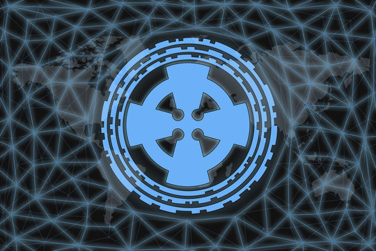 Slavic sign kres. Abstract illustration. With a dark background and a world map shrouded in a net. Graphic concept for your design.