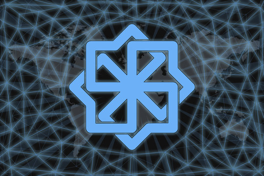 Slavic sign Molvinets. Abstract illustration. With a dark background and a world map shrouded in a net. Graphic concept for your design.