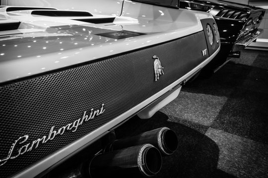 MAASTRICHT, NETHERLANDS - JANUARY 15, 2016: Fragment of a high-performance mid-engined sports car Lamborghini Diablo VT 6.0, 2000.. International Exhibition InterClassics & Topmobiel 2016