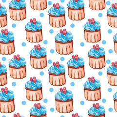cream cake with marshmallows..watercolor illustration of cupcake. hand-drawn sweetness. repeating pastry pattern.
