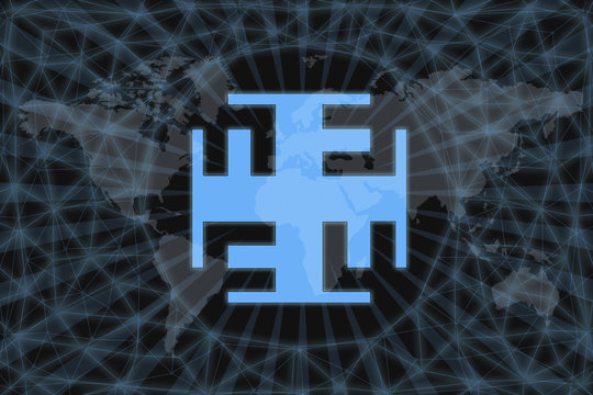 Slavic sign Ratiboretz. Abstract illustration. With a dark background and a world map shrouded in a net. Graphic concept for your design.