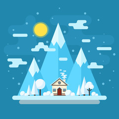 Obraz na płótnie Canvas Winter daytime landscape. Houses on a background of mountains. Vector flat illustration