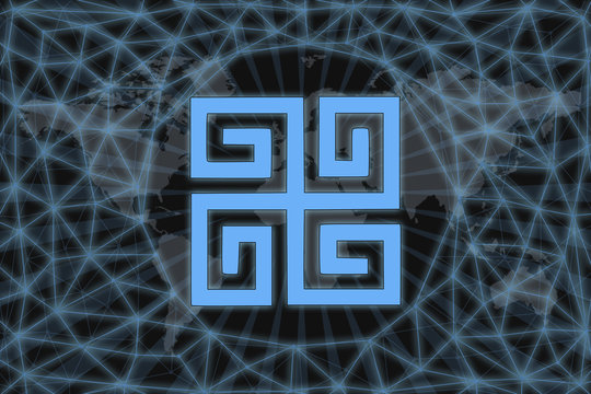Slavic sign Spiritual swastika. Abstract illustration. With a dark background and a world map shrouded in a net. Graphic concept for your design.
