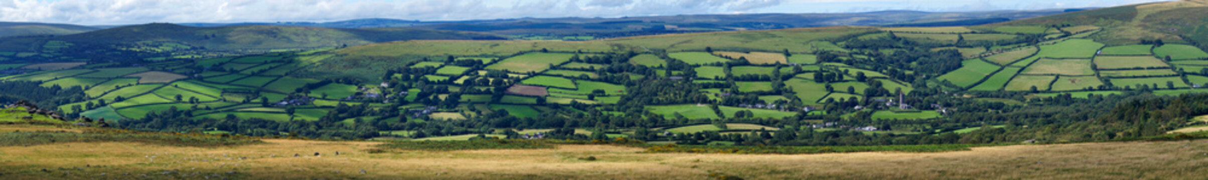 UK, England, Devon, Dartmoor, Widecombe in the moor pano