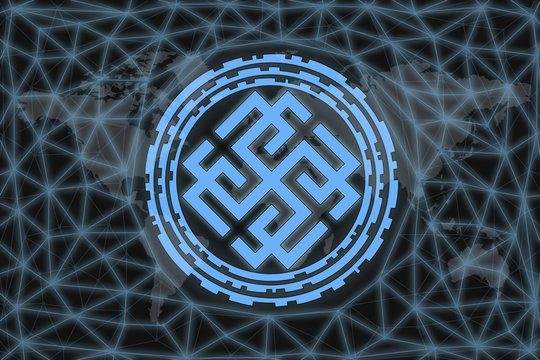 Slavic sign Svarozhich. Abstract illustration. With a dark background and a world map shrouded in a net. Graphic concept for your design.