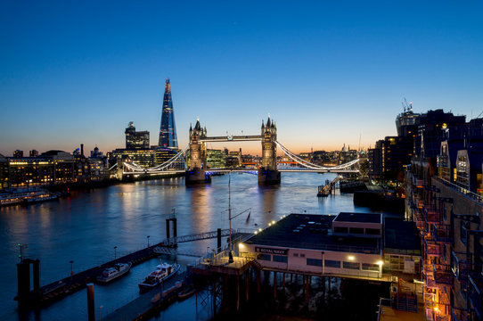 UK, England, London, Tower Bridge and Shard, dusk