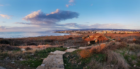 Panorama at sunset with a view of the city of Paphos