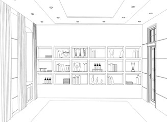 empty room, contour visualization, 3D illustration, sketch, outline