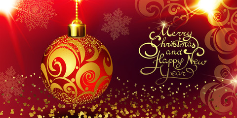 Christmas toy-ball and snowflakes around the handwritten text. Decorative greeting card happy New year and merry Christmas. Advertising banner for trade and sale