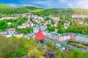 Karlovy Vary (Carlsbad) historical city centre top aerial view with colorful beautiful buildings,...