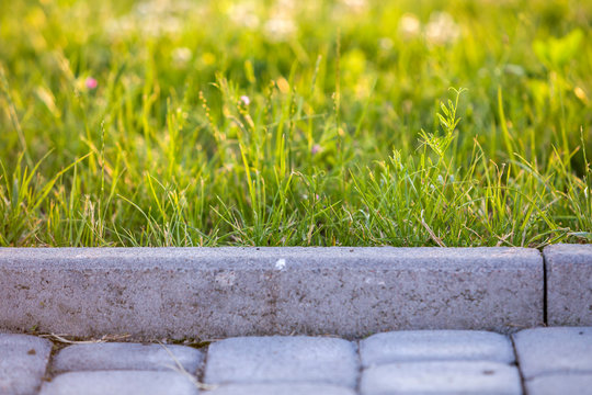 Closeup of pavement curb with green grass lawn behind.