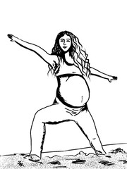 Black-white raster illustration. A pregnant woman with a big belly performs yoga exercises on the sandy beach of the sea shore. Active pregnancy.
