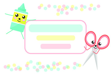Cover, page or ad template: cartoon colored scissors and glue with eyes, feet and hands