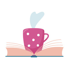 Stylized open book and cup, mug of hot tea or coffee beverage with steam raising up in the shape of heart, reading club or book blog logo template, cute vector illustration on white background