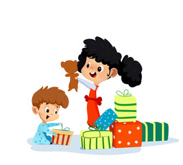 Cartoon Illustration of two children with gifts.