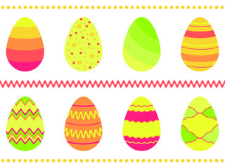 Set of 8 decorated colorful Easter eggs isolated on white background. The silhouette of the shell, stripes, waves, dots, zigzag bright color on the basis