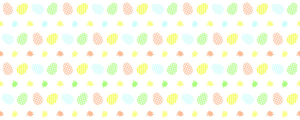 Light, pastel, seamless vector pattern: Easter colored decorated eggs and abstract spots isolated on white background. Horizontal striped pattern