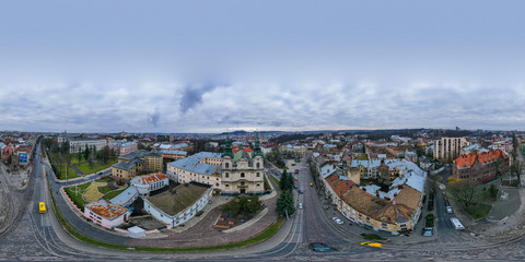 The Roman Catholic church of St. Mary Magdalene (House of organ and chamber music) in Lviv, Ukraine. 360 View from drone 