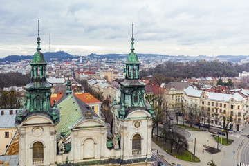 Closeup of The Roman Catholic church of St. Mary Magdalene (House of organ and chamber music) in Lviv, Ukraine. View from drone 