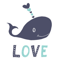 Obraz premium Blue whale with hearts splash. Love sigh lettering. Valentines day postcard, Greetings for lovers