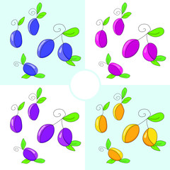 Set of multicolored plum in Doodle style isolated on blue and white background. Different varieties of ripe, fresh berries: yellow, prunes, blue, purple