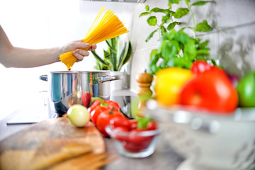 Preparing food. Food products on the kitchen countertop.