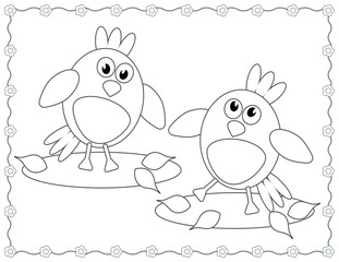 Two simple, thick, geometric, cartoon birds dancing on the lawn with leaves. Flat, contour, black and white, horizontal page for coloring