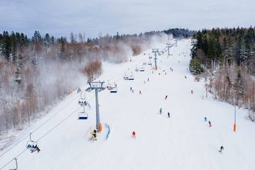 Aerial drone on ski jump tower in Wisla Malinka