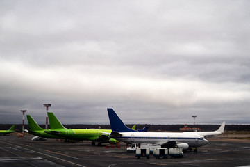 Airport with many airplanes.  Travel and transportation concept