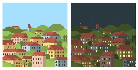 Fototapeta na wymiar Day and night city landscape. Flat vector illustration. Tiled roof houses and trees