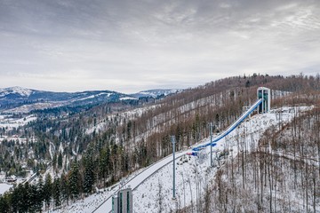 Aerial drone on ski jump tower in Wisla Malinka