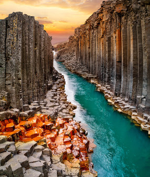Fototapeta Breathtaking view of Studlagil basalt canyon, Iceland, Europe.