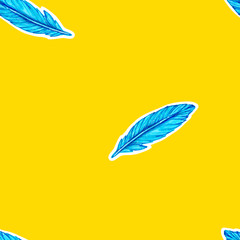 Pattern with blue feathers on a yellow background. Feathers are drawn by hand with markers and liners.