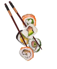 Foto op Plexiglas Pieces of delicious japanese sushi frozen in the air. Isolated on white background © Lukas Gojda