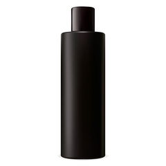 Obraz premium Black shampoo bottle. Cosmetic package vector blank mockup. Beauty lotion tube with shiny cap. Realistic plastic cylinder container. Tubular packaging for hair mask, moisturizer
