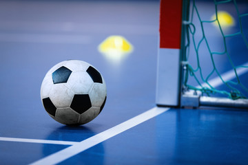 Football futsal ball goal and floor. Indoor soccer sports hall. Sport Futsal background. Indoor...