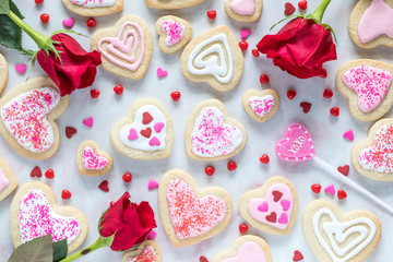 Fototapeta na wymiar Top down view of Valentine's Day cookies.