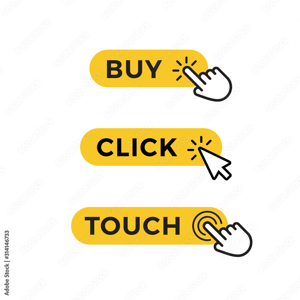 Poster Set of yellow buttons for purchase, selection or registration. Graphic element for web design. Vector icons.