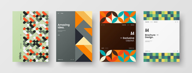Fototapeta premium Business presentation vector A4 vertical orientation front page mock up set. Corporate report cover abstract geometric illustration design layout bundle. Company identity brochure template collection.
